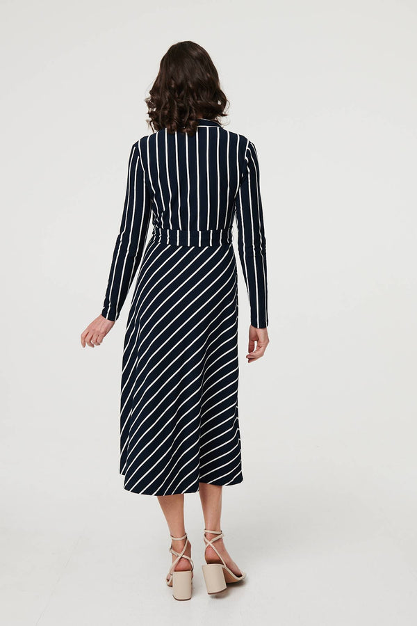 Blue | Striped Tie Waist Long Sleeve Midi Dress