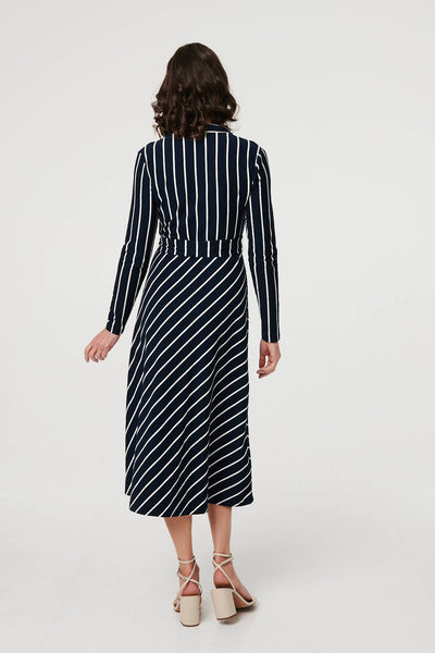 Striped Tie Waist Long Sleeve Midi Dress | Izabel London