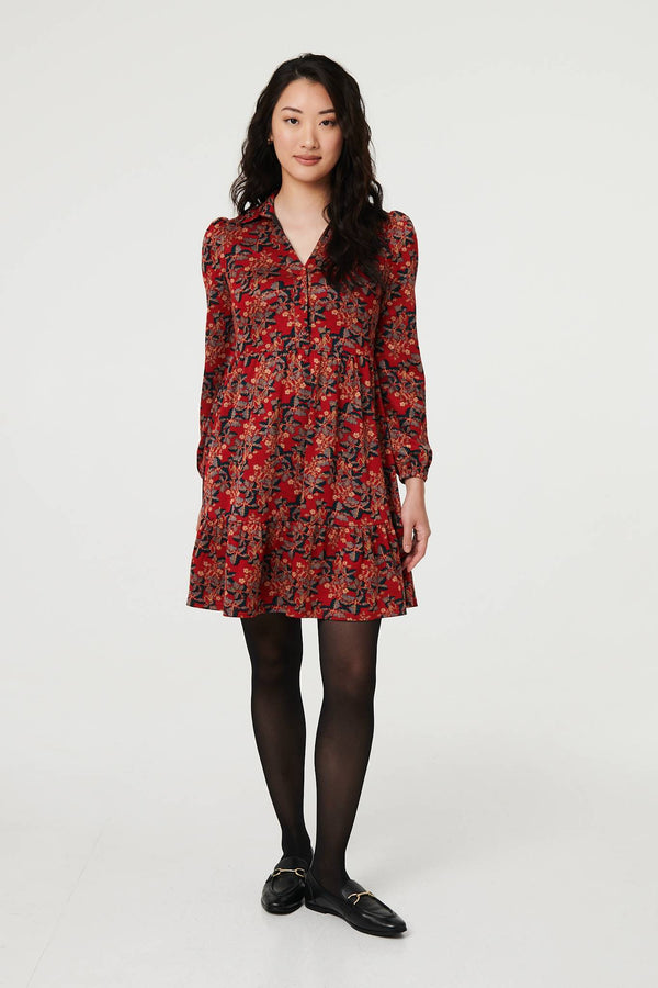 Red | Leaf Print Long Sleeve Jersey Dress