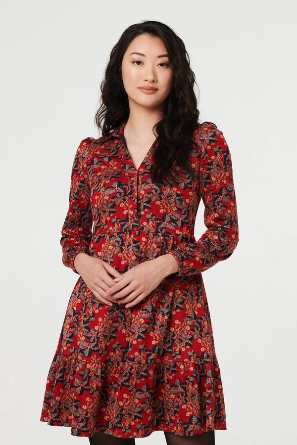 Red | Leaf Print Long Sleeve Jersey Dress
