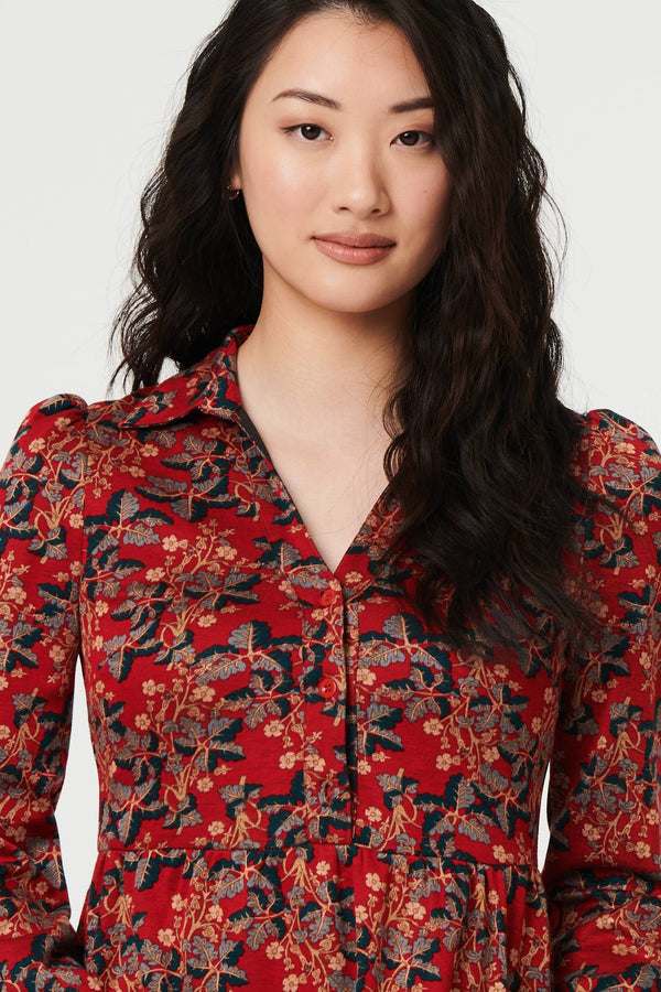 Red | Leaf Print Long Sleeve Jersey Dress