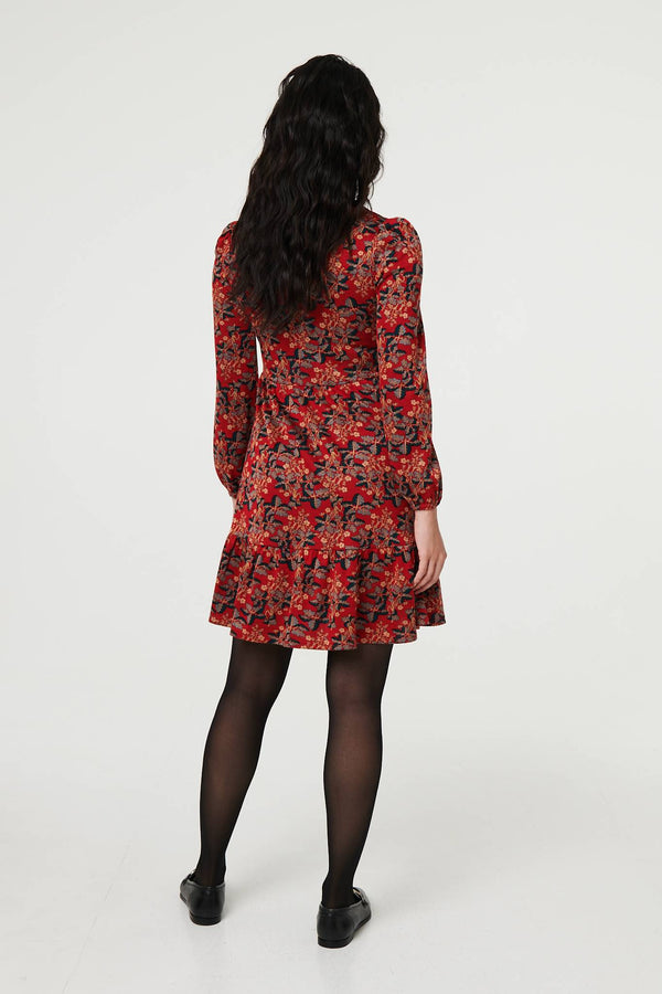 Red | Leaf Print Long Sleeve Jersey Dress