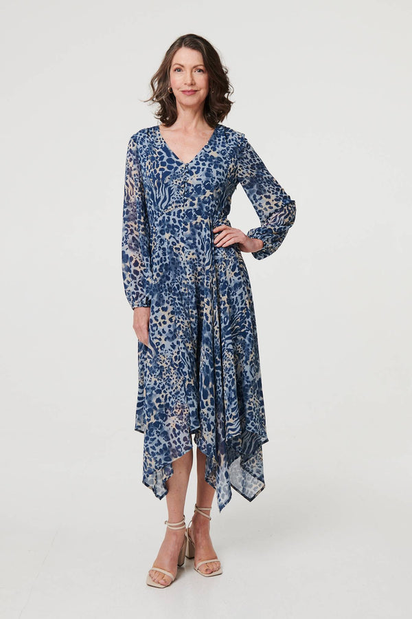 Blue | Animal Print Sheer Hanky Hem Midi Dress