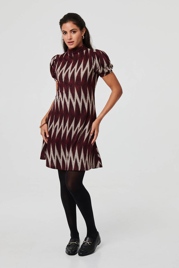 Burgundy | Geo Print Puff Sleeve Mini Skater Dress