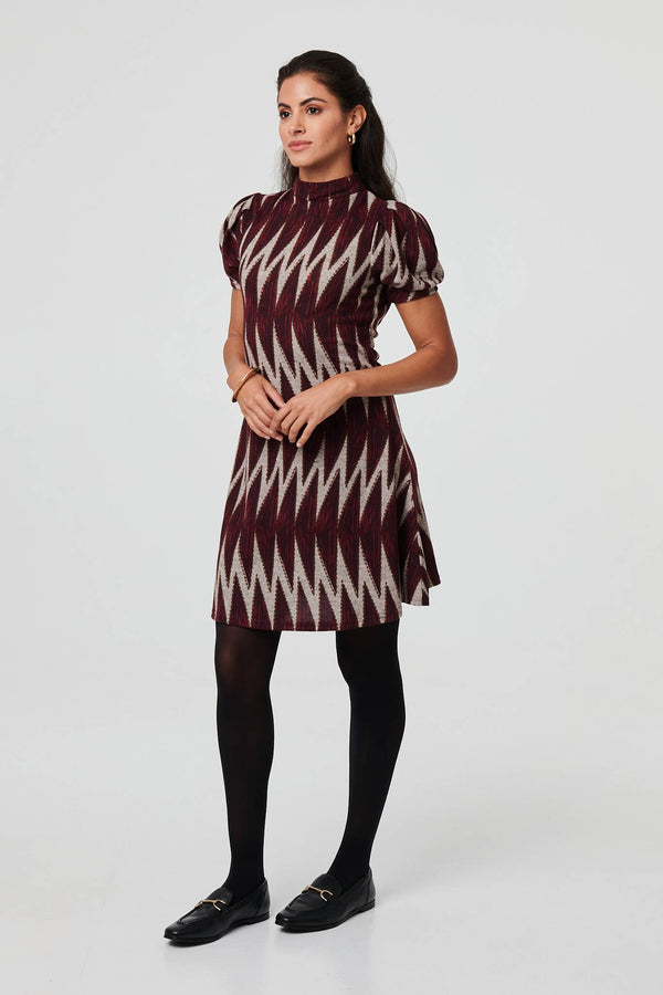 Burgundy | Geo Print Puff Sleeve Mini Skater Dress