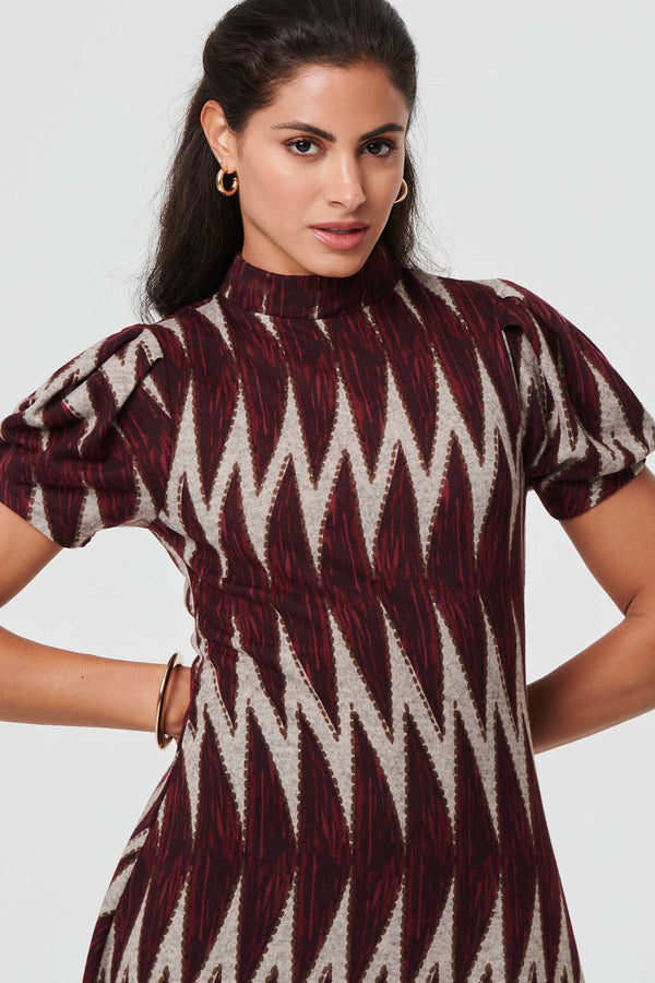 Burgundy | Geo Print Puff Sleeve Mini Skater Dress