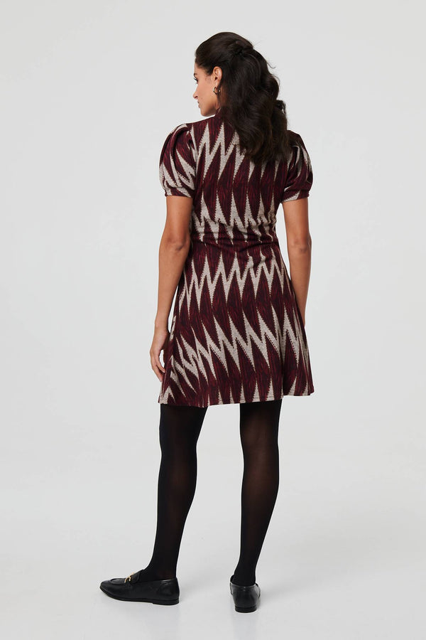 Burgundy | Geo Print Puff Sleeve Mini Skater Dress