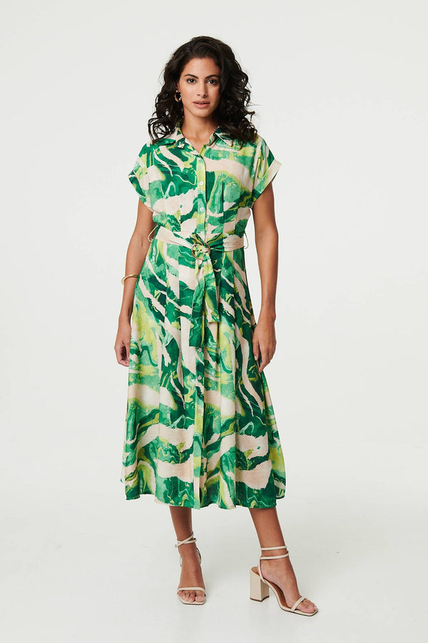 Green | Printed Cap Sleeve Belt Waist Midi Dress