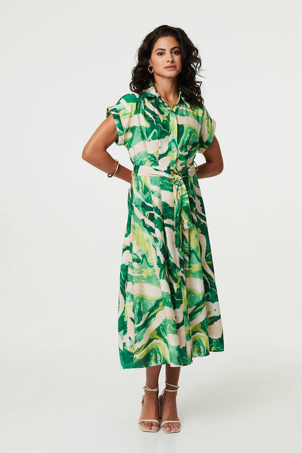 Green | Printed Cap Sleeve Belt Waist Midi Dress