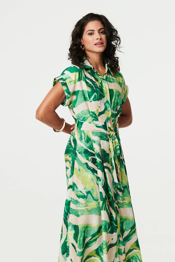 Green | Printed Cap Sleeve Belt Waist Midi Dress