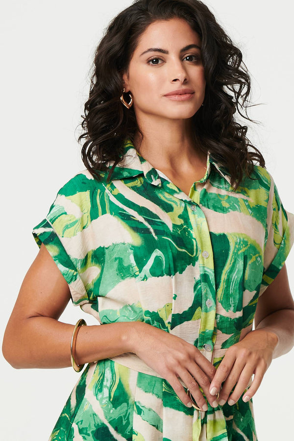 Green | Printed Cap Sleeve Belt Waist Midi Dress
