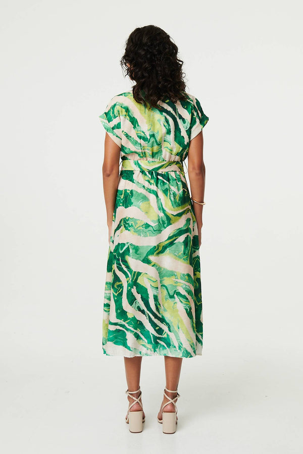 Green | Printed Cap Sleeve Belt Waist Midi Dress