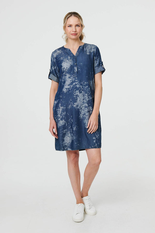 Blue | Relaxed Turn-Up 1/2 Sleeve Short Dress