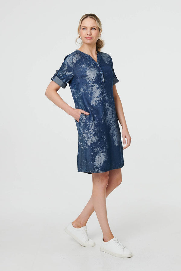 Blue | Relaxed Turn-Up 1/2 Sleeve Short Dress