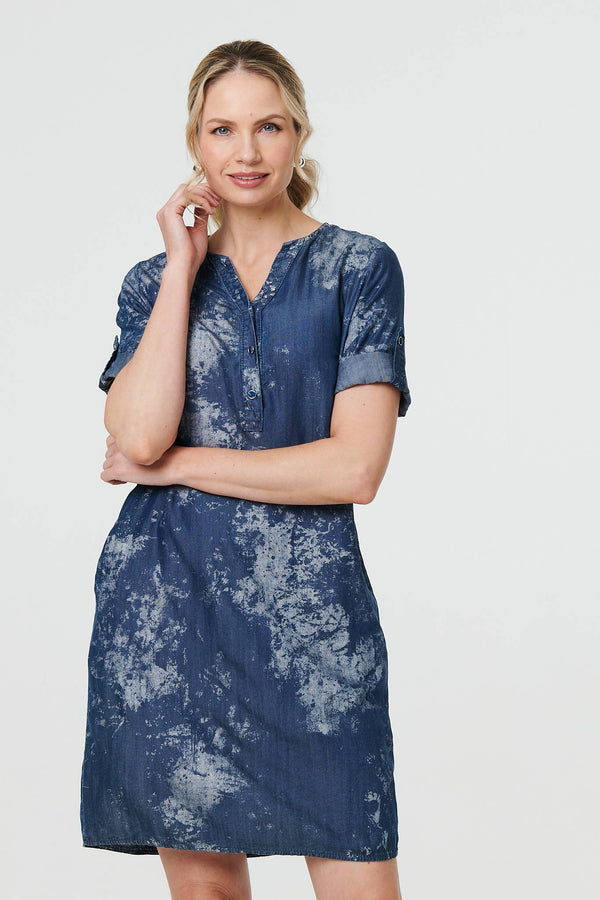 Blue | Relaxed Turn-Up 1/2 Sleeve Short Dress