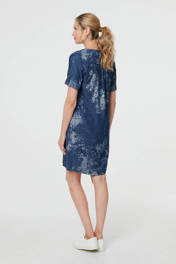 Blue | Relaxed Turn-Up 1/2 Sleeve Short Dress