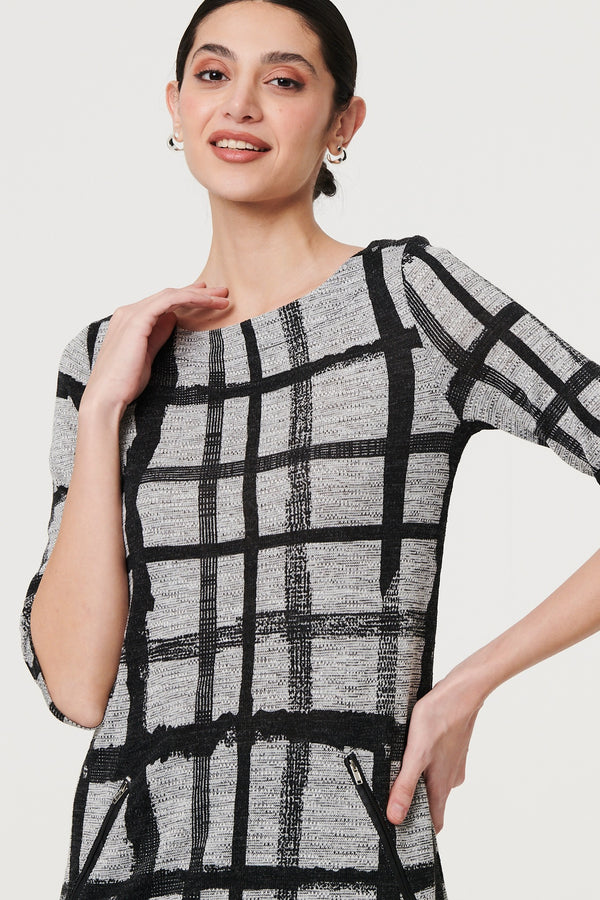 Black | Checked 3/4 Sleeve Short Shift Dress