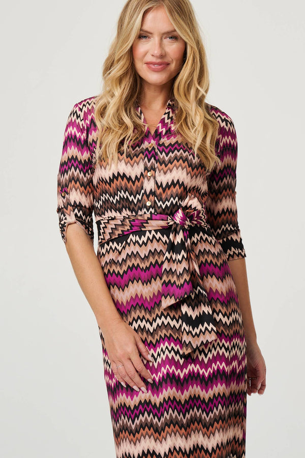 Purple | Chevron Print Tie Waist Midi Shirt Dress