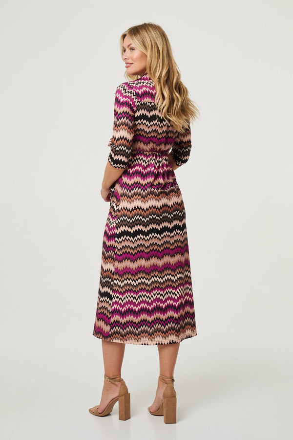 Purple | Chevron Print Tie Waist Midi Shirt Dress