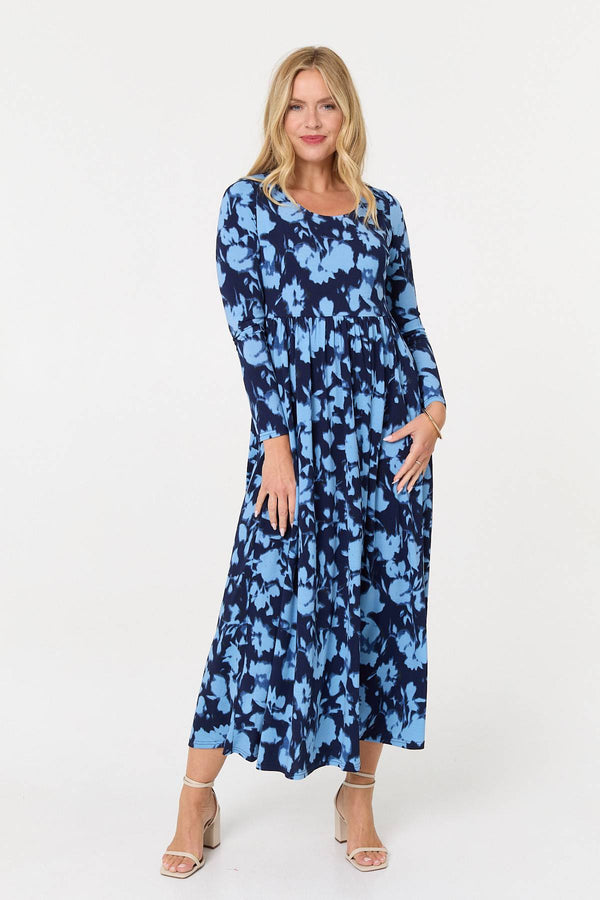 Blue | Floral Long Sleeve Jersey Maxi Dress