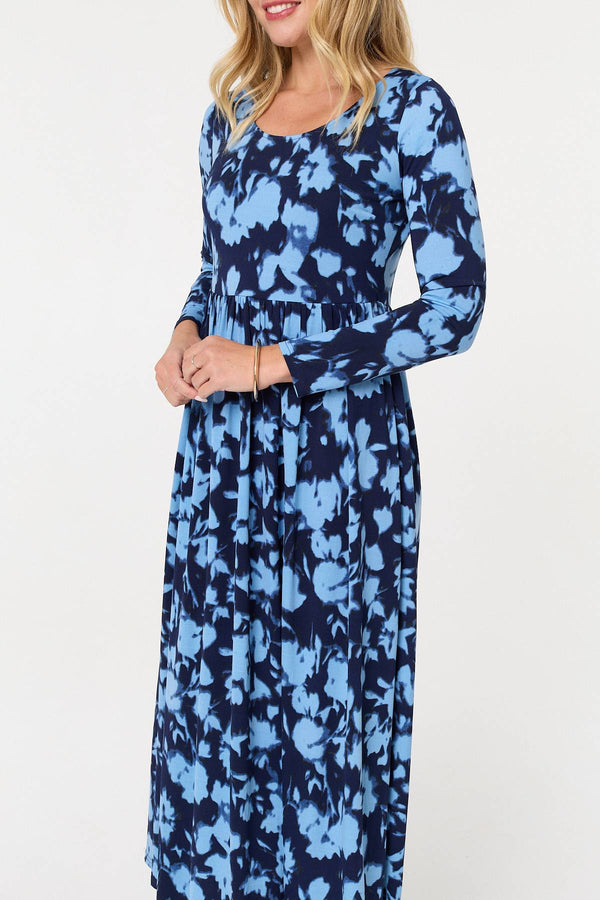Blue | Floral Long Sleeve Jersey Maxi Dress