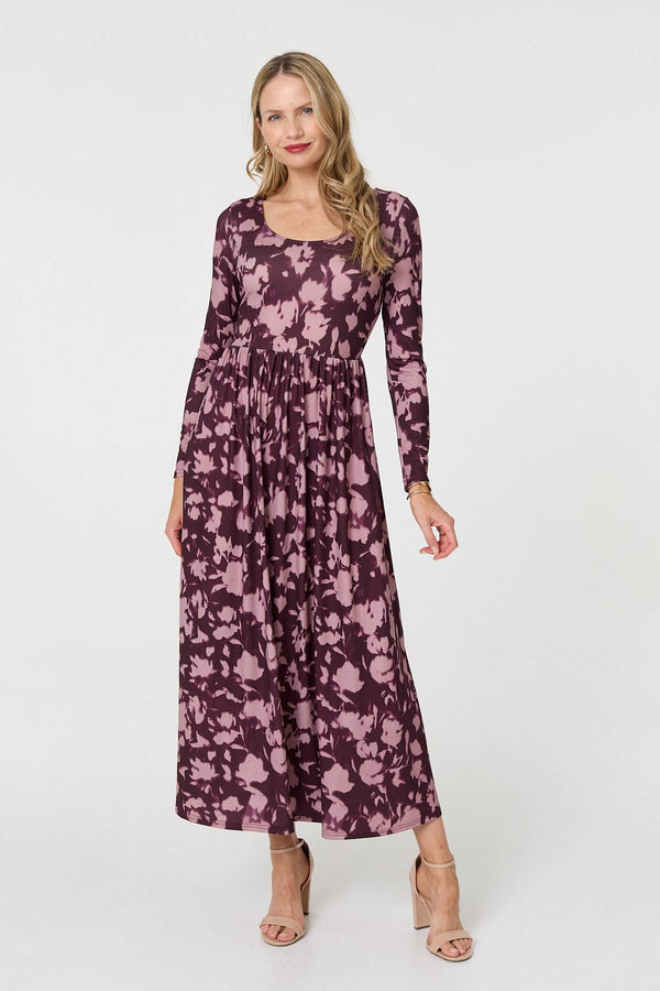 Red | Floral Long Sleeve Jersey Maxi Dress