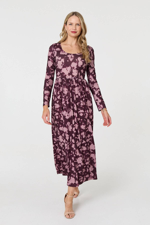 Red | Floral Long Sleeve Jersey Maxi Dress