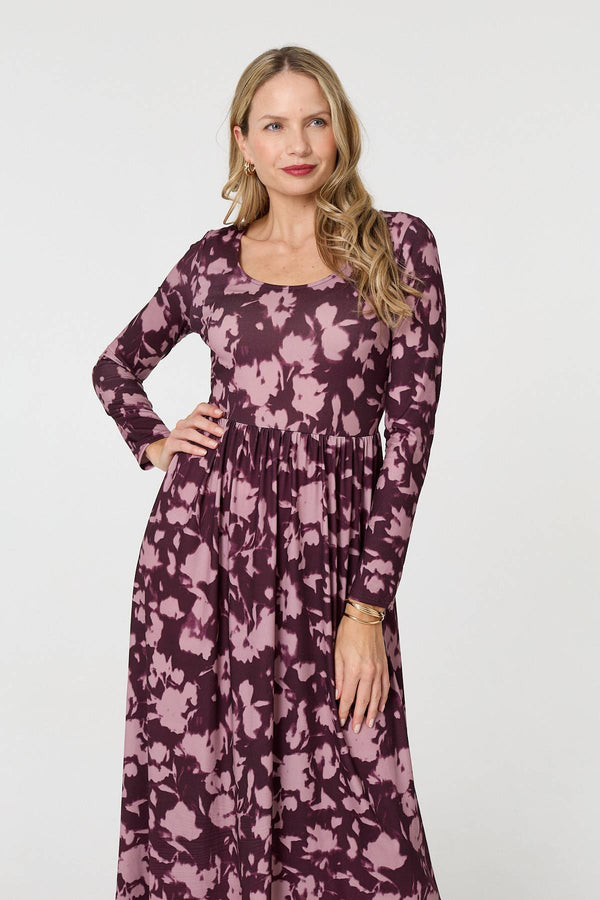 Red | Floral Long Sleeve Jersey Maxi Dress