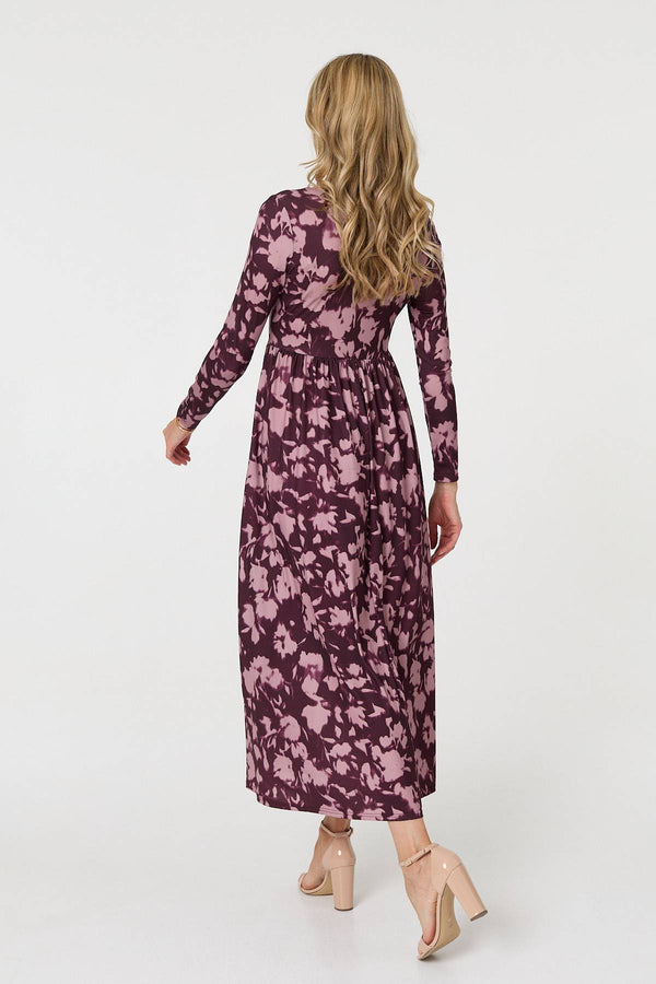 Red | Floral Long Sleeve Jersey Maxi Dress