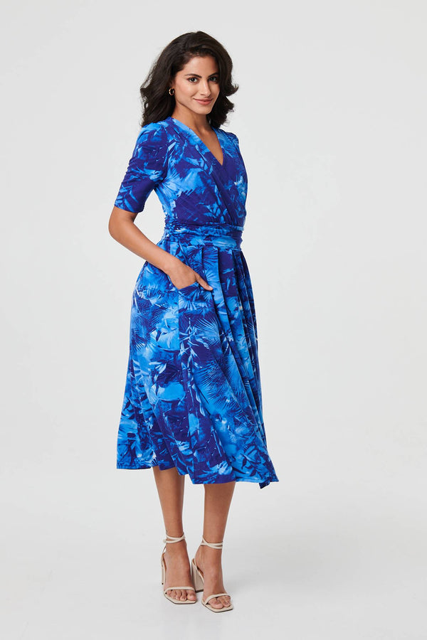 Blue | Printed 1/2 Sleeve Wrap Midi Dress