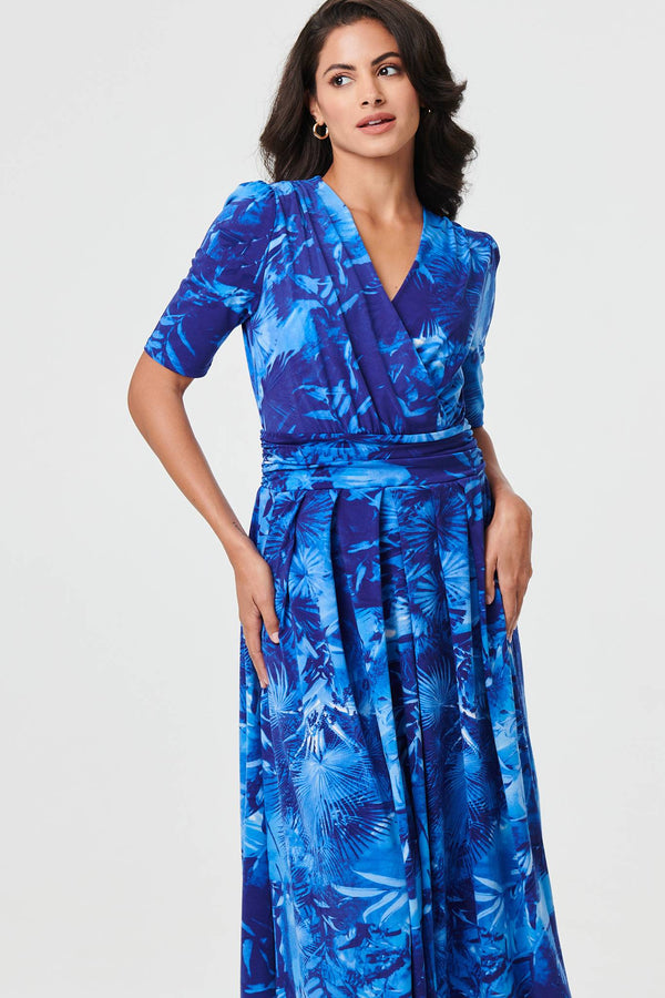 Blue | Printed 1/2 Sleeve Wrap Midi Dress