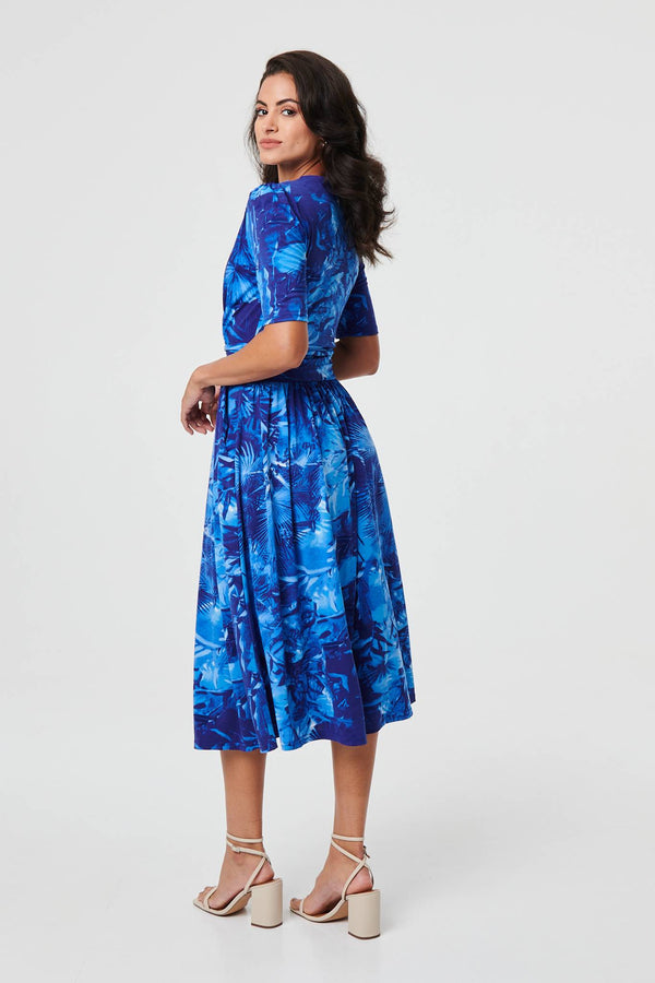 Blue | Printed 1/2 Sleeve Wrap Midi Dress