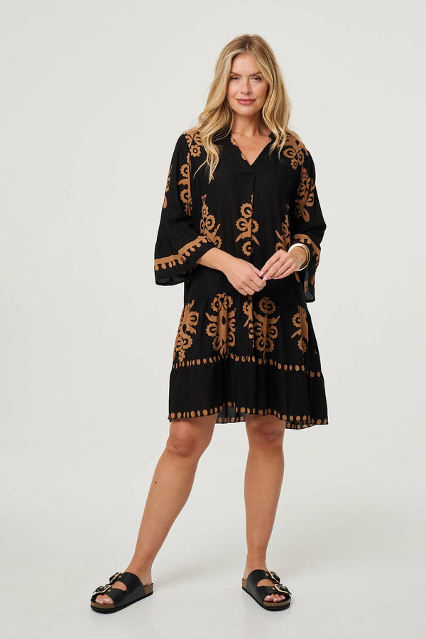 Black | Ikat Print Tiered Knee Length Dress