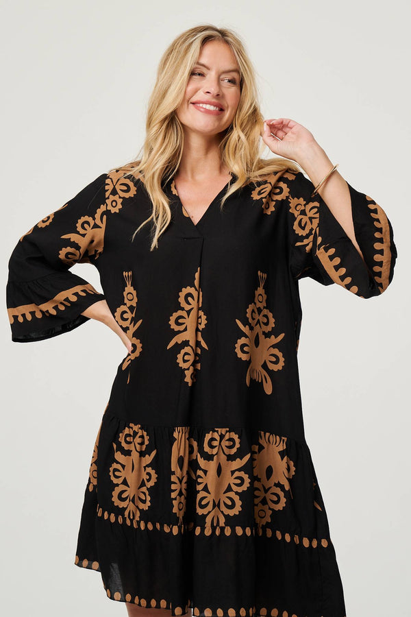 Black | Ikat Print Tiered Knee Length Dress