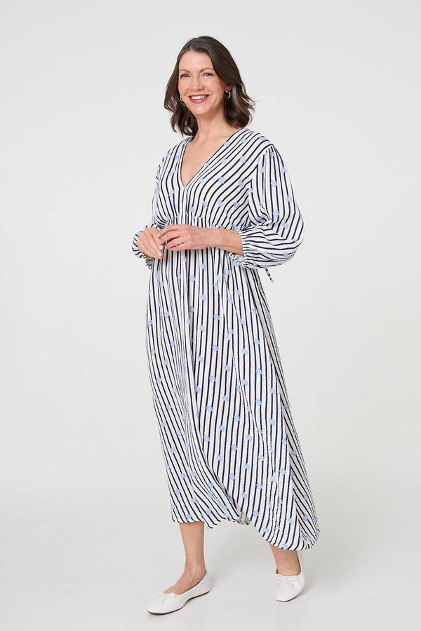 Blue | Striped Long Sleeve Empire Maxi Dress