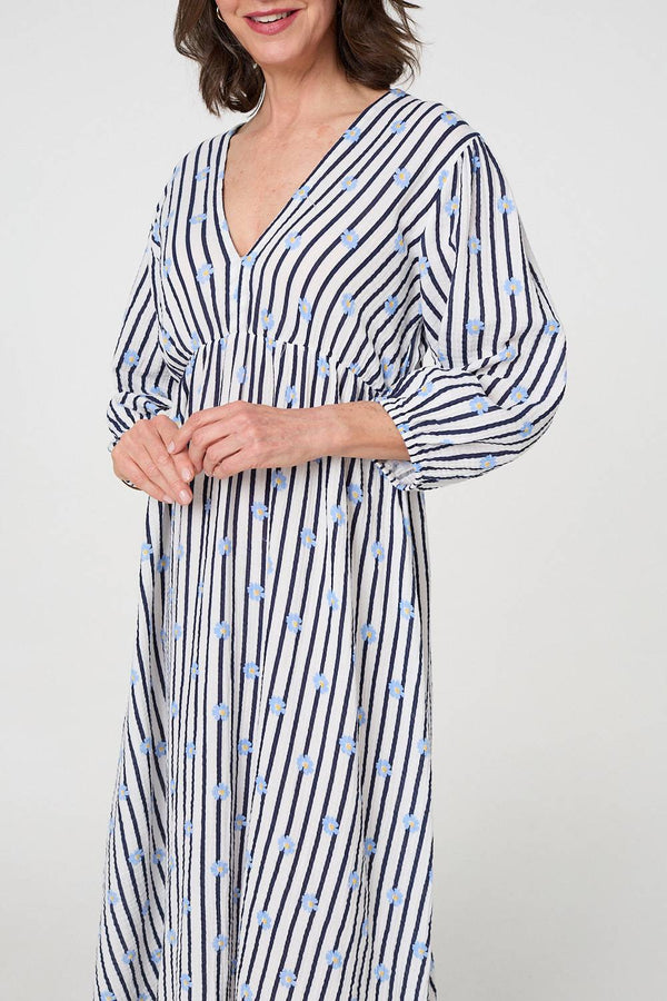 Blue | Striped Long Sleeve Empire Maxi Dress