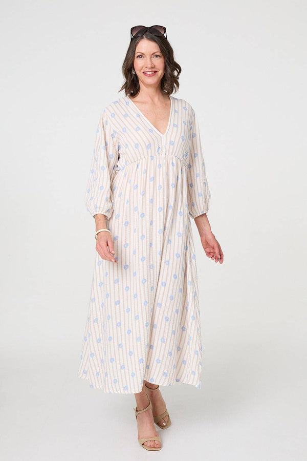 Beige | Striped Long Sleeve Empire Maxi Dress
