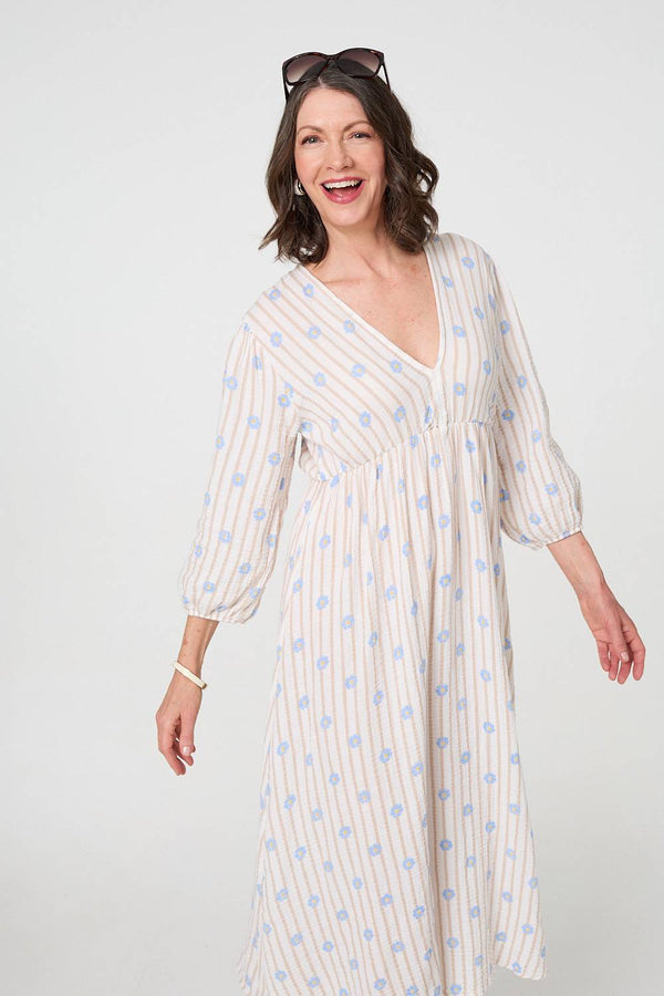 Beige | Striped Long Sleeve Empire Maxi Dress