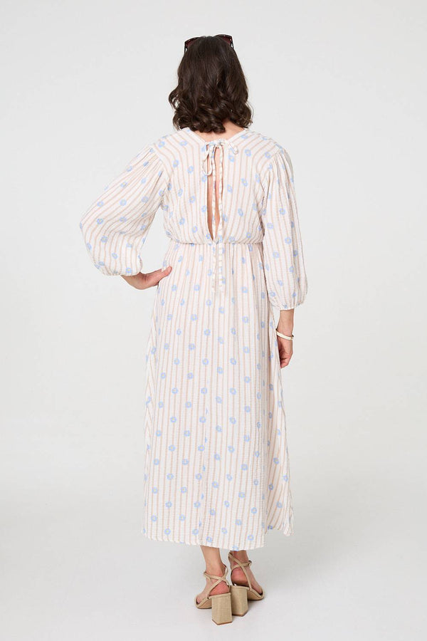 Beige | Striped Long Sleeve Empire Maxi Dress