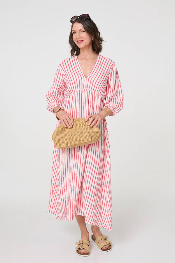 Red | Striped Empire 3/4 Sleeve Maxi Dress
