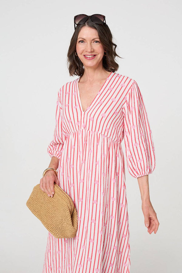 Red | Striped Empire 3/4 Sleeve Maxi Dress