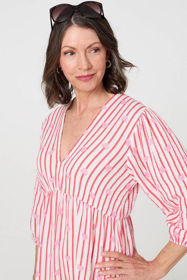 Red | Striped Empire 3/4 Sleeve Maxi Dress
