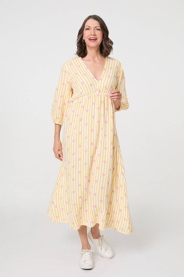 Yellow | Striped Empire 3/4 Sleeve Maxi Dress