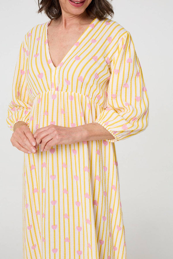 Yellow | Striped Empire 3/4 Sleeve Maxi Dress