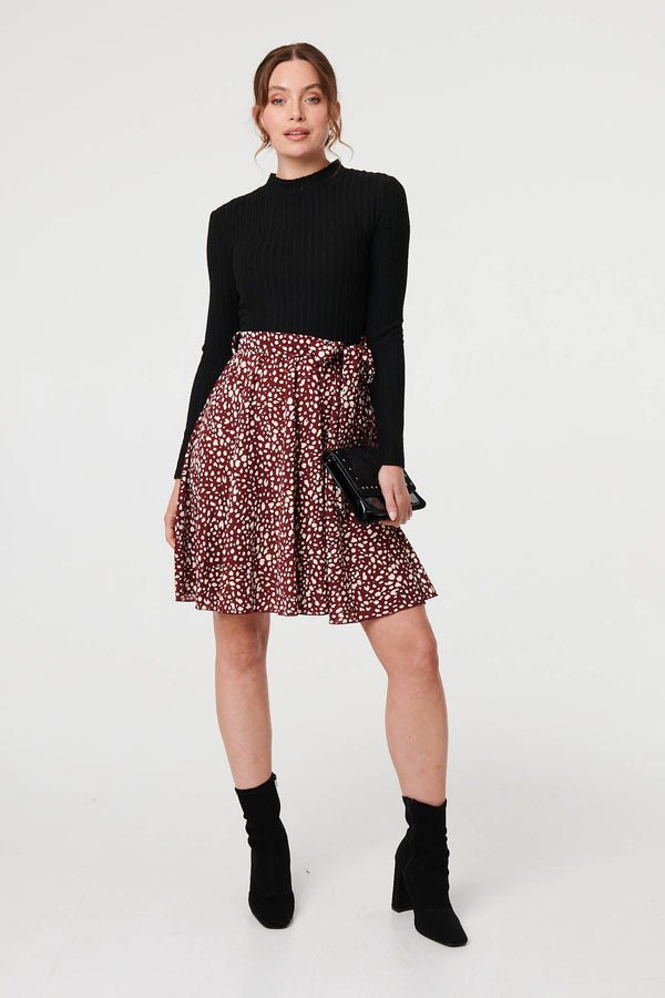 Burgundy | Printed Tie Waist Short Skater Dress
