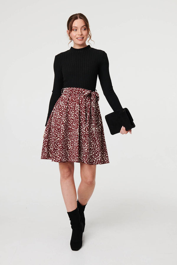 Burgundy | Printed Tie Waist Short Skater Dress