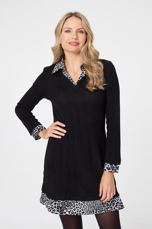 Black | Animal Print Layered Short Shirt Dress