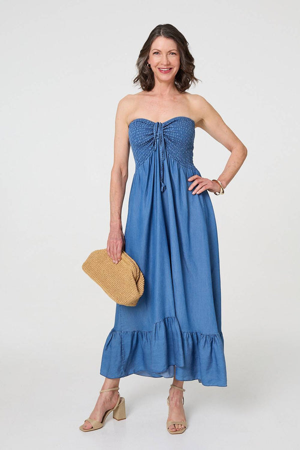 Blue | Strapless Shirred Frill Hem Maxi Dress
