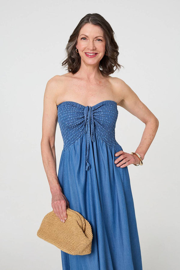 Blue | Strapless Shirred Frill Hem Maxi Dress