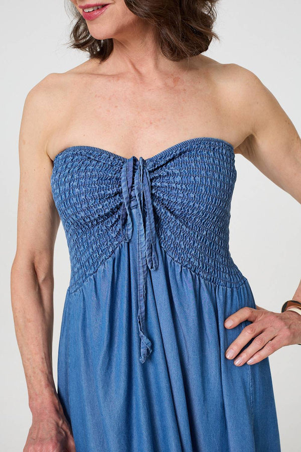 Blue | Strapless Shirred Frill Hem Maxi Dress